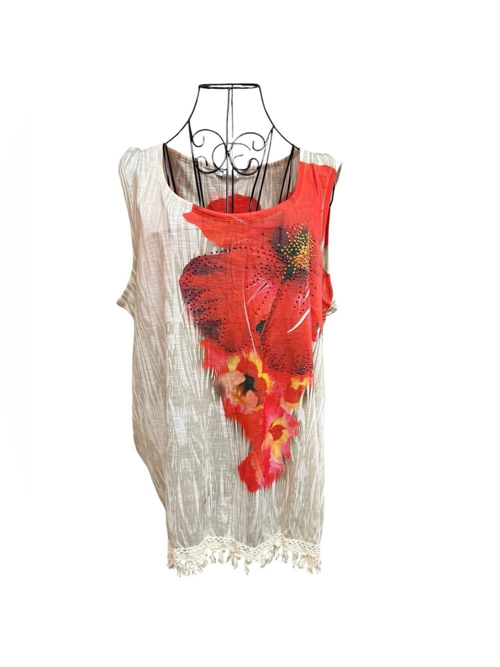 Hannah Woman BOHO Blush Floral Accent Tunic Top with fringe XXL